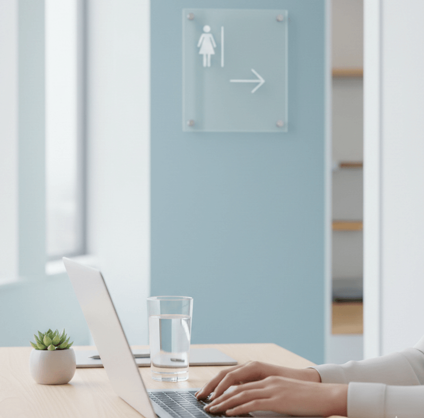 Espace de travail ergonomique et moderne illustrant l'aménagement de poste pour un travailleur handicapé invisible atteint de RCH avec proximité des sanitaires.