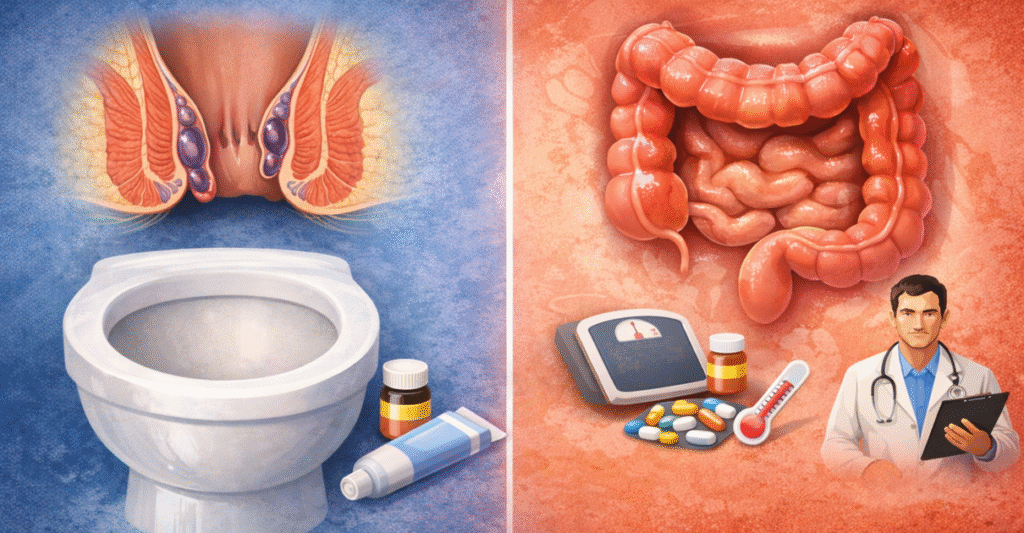 Infographie comparative montrant à gauche le traitement local des hémorroïdes et à droite le diagnostic médical de la RCH avec surveillance de la fièvre et du poids.