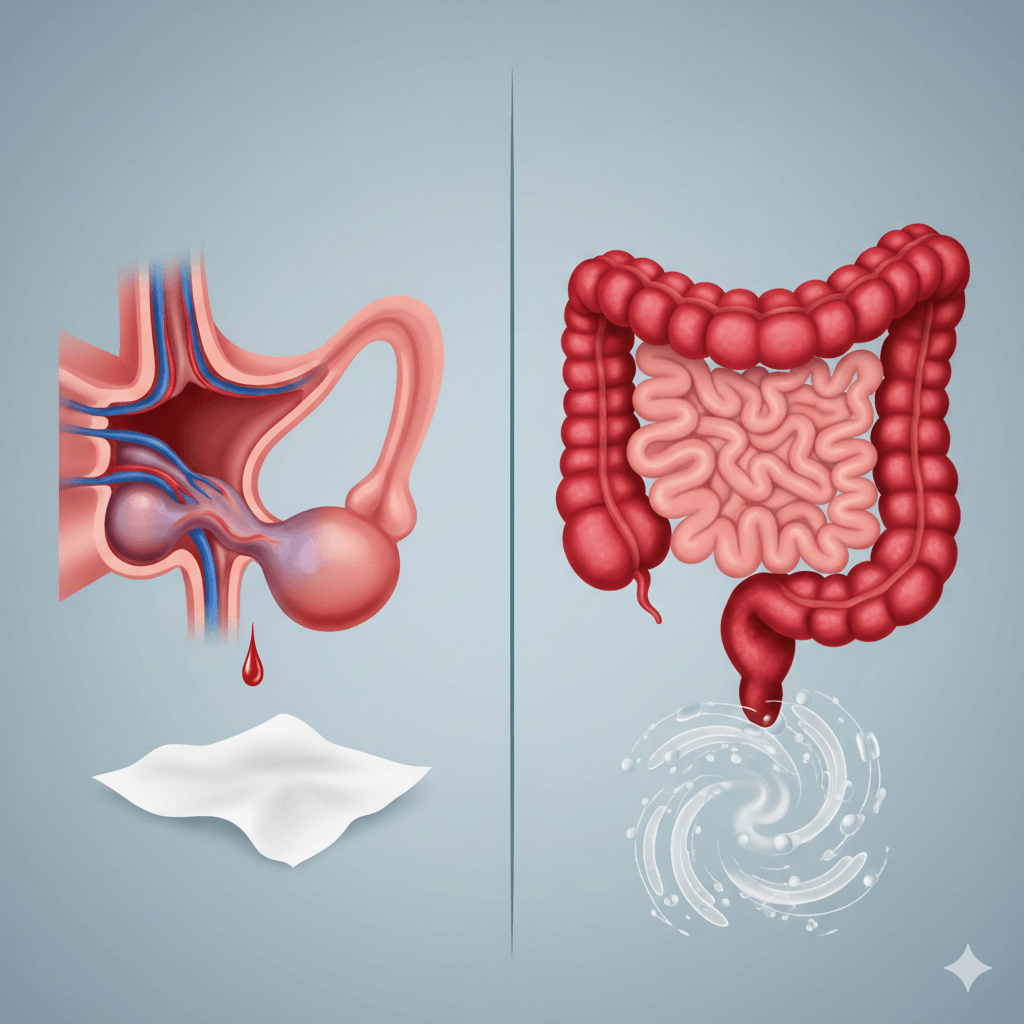 Illustration médicale comparative : à gauche, une vue simplifiée d'une dilatation veineuse (hémorroïdes) ; à droite, une vue d'un côlon enflammé avec présence de mucus (RCH).
