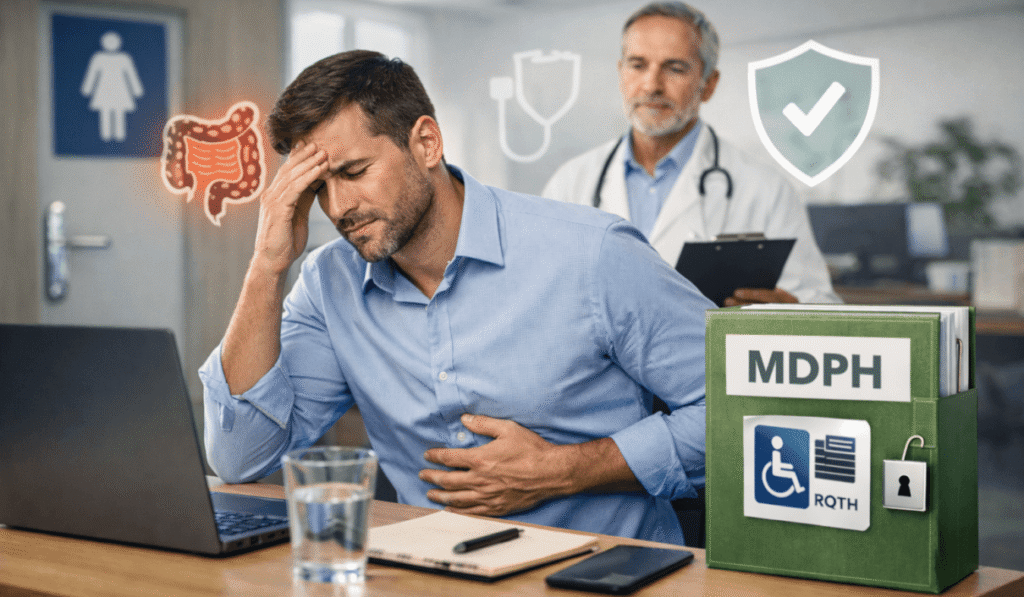 Homme au travail souffrant de douleurs abdominales liées à la RCH avec un dossier MDPH sécurisé par un cadenas, symbolisant la confidentialité de la RQTH et le soutien médical.