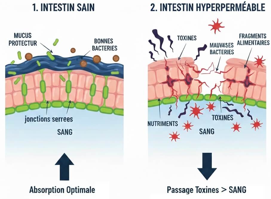 infographie montrant l'effet de l'hyperperméabilité intestinale dans une mici