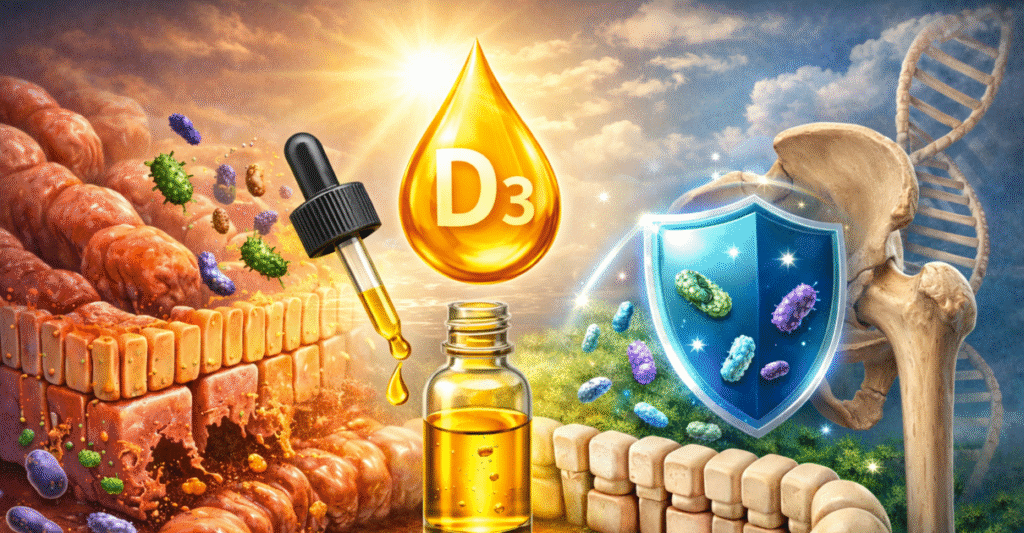 Illustration complète des bienfaits de la vitamine D3 sur la RCH : absorption par gouttes huileuses, renforcement du microbiote, protection de la barrière intestinale et santé osseuse.