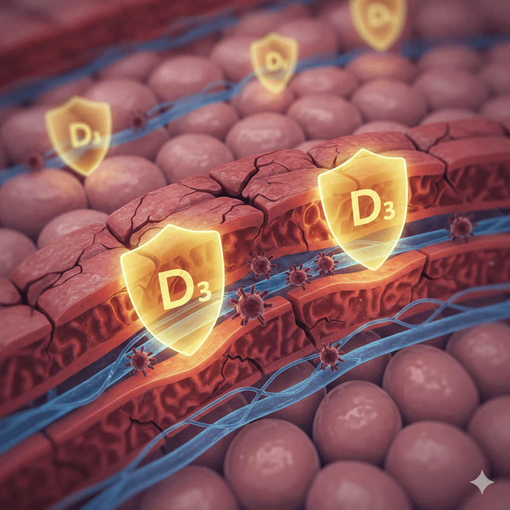 Schéma médical montrant l'action protectrice de la vitamine D3 renforçant les jonctions de la paroi intestinale contre l'inflammation RCH.