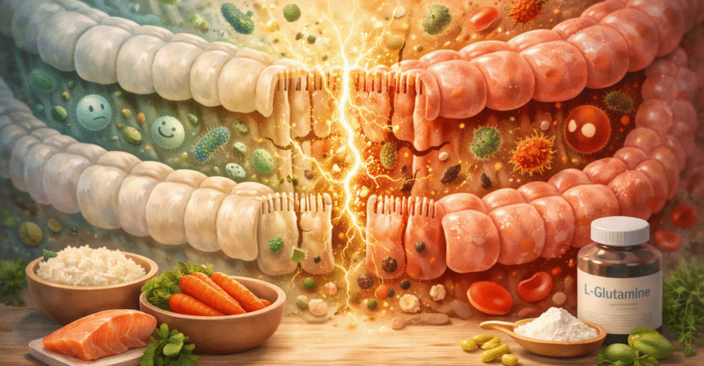 Illustration douce d’un intestin montrant la différence entre une barrière intestinale saine et une muqueuse fragilisée dans la rectocolite hémorragique, avec des aliments et nutriments favorisant la réparation.