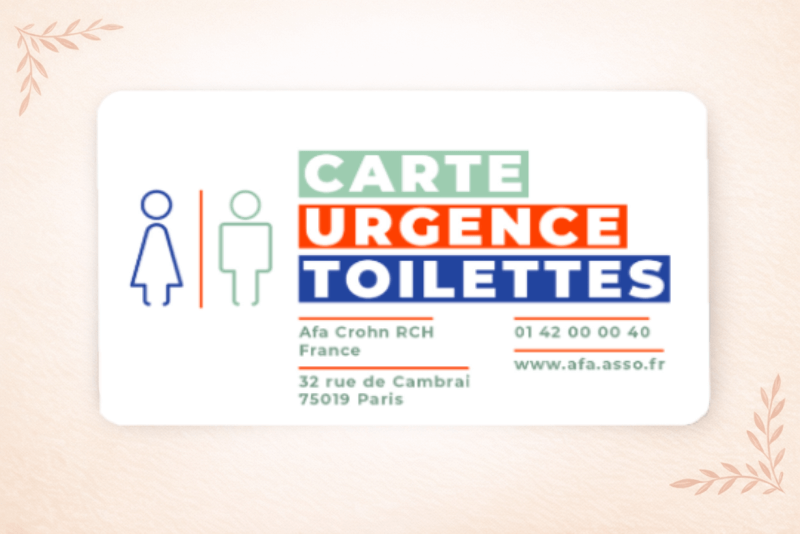 Visuel de la Carte Urgence Toilettes officielle de l'afa Crohn RCH France avec les coordonnées de l'association. Un outil facilitant l'accès prioritaire aux sanitaires pour les patients atteints de MICI.