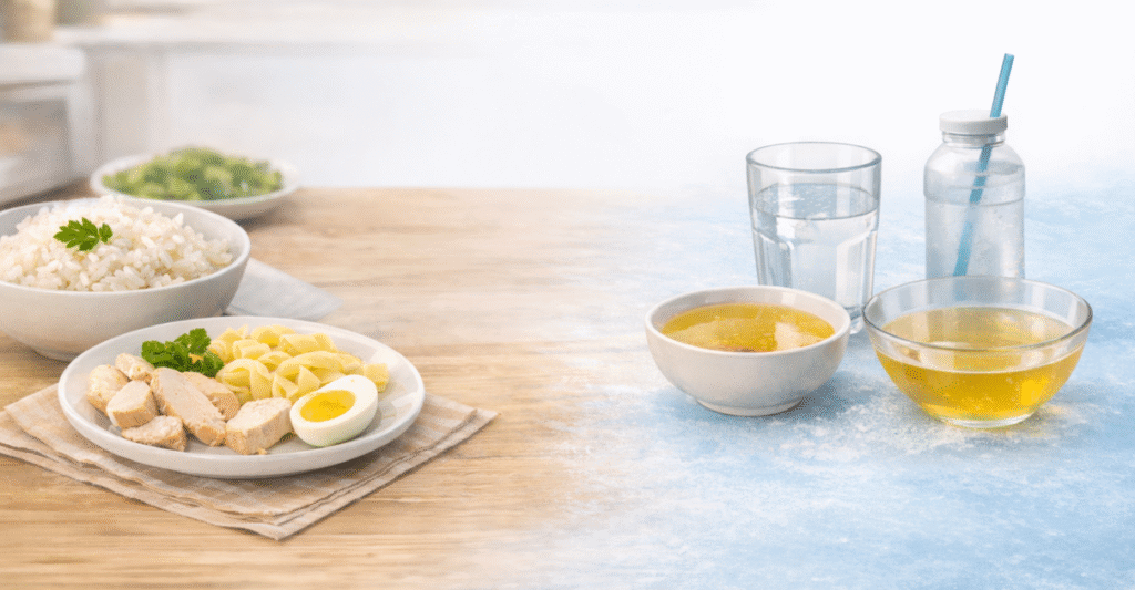 Alimentation sans résidus avant une coloscopie chez une personne atteinte de RCH, avec riz blanc, protéines maigres et boissons claires