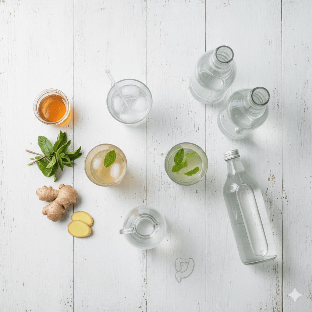 Composition de bouteilles d'eau, verres d'eau glacée avec paille, feuilles de menthe fraîche et gingembre pour faciliter la prise de la purge.