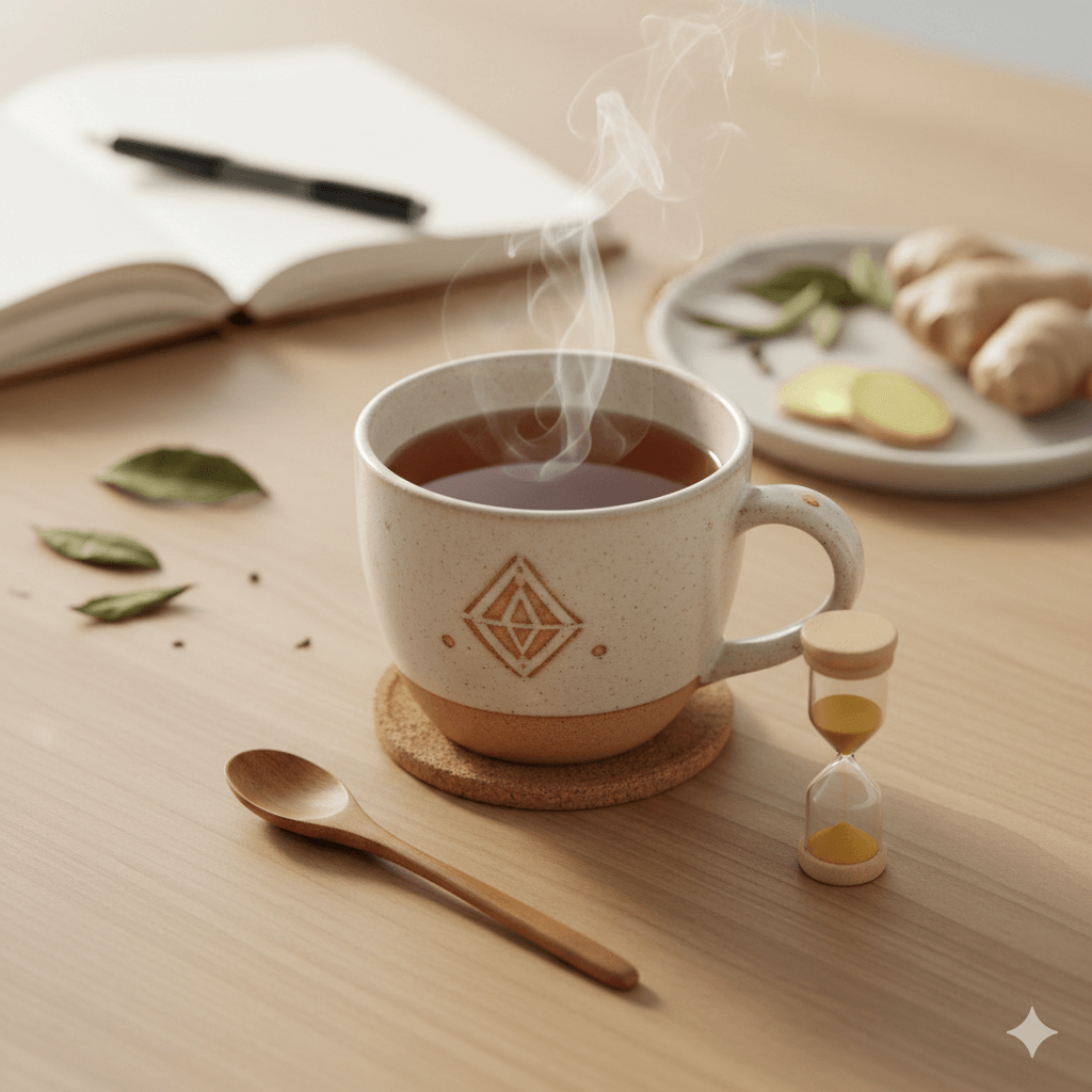 Tasse de thé tiède avec gingembre et sablier illustrant la patience nécessaire pour une digestion douce en cas de RCH.