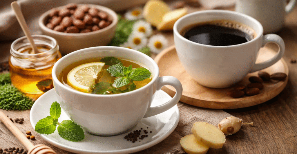 Tasse de thé vert au citron et café noir sur table en bois, illustrant les boissons chaudes adaptées à la rectocolite hémorragique.