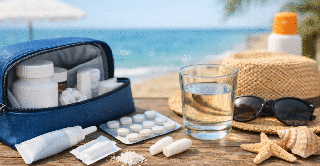 Trousse de traitement 5-ASA mésalazine (granulés, suppositoires et lavement) posée sur une table en bord de mer, illustration de la gestion de la RCH en voyage