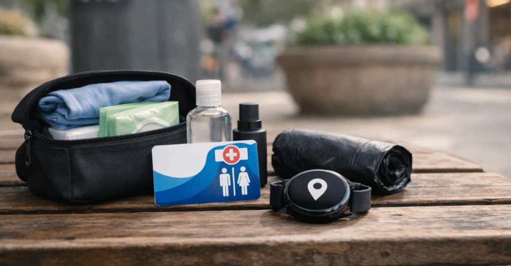 Kit de secours discret pour urgence fécale liée à la RCH avec carte urgence toilettes, lingettes, gel hydroalcoolique et montre de localisation en extérieur