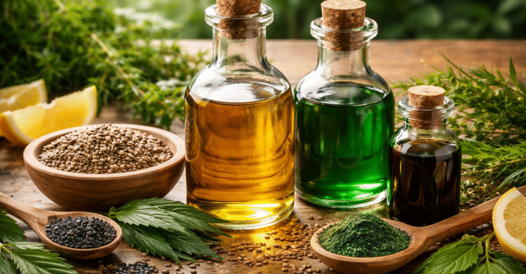 Bouteilles d’huile végétale anti-inflammatoire pour l’intestin avec chanvre, algue et nigelle riches en oméga-3 pour les MICI.