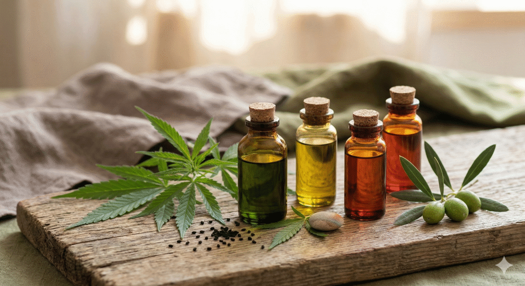 Flacons d'huiles végétales de chanvre, d'olive et de nigelle sur une planche en bois pour le soin naturel des intestins inflammés.