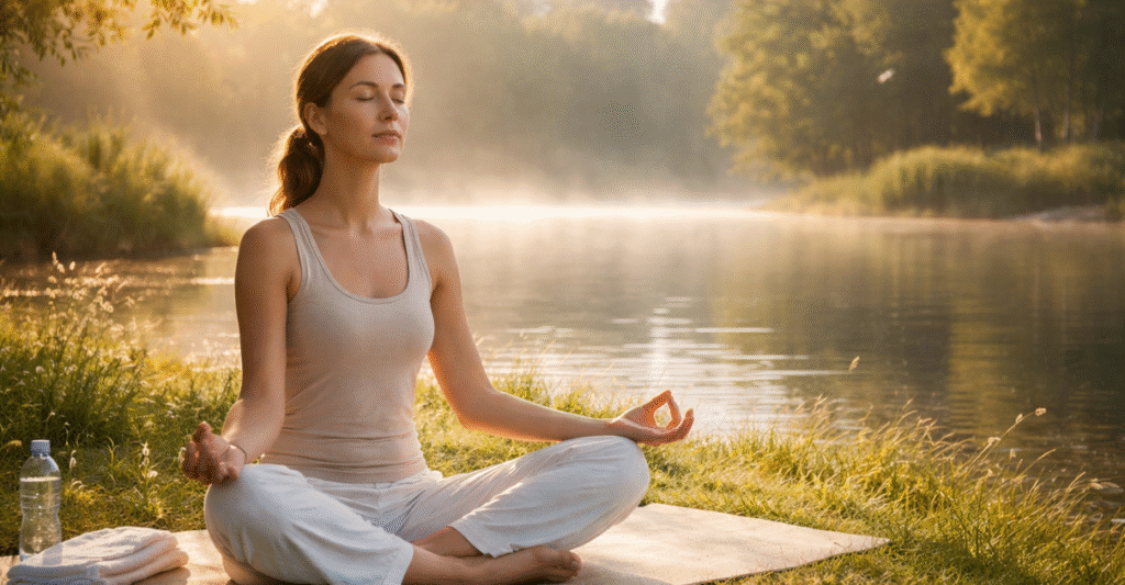Femme pratiquant la méditation au bord d’un lac pour réduire le stress lié à la rectocolite hémorragique et aux MICI