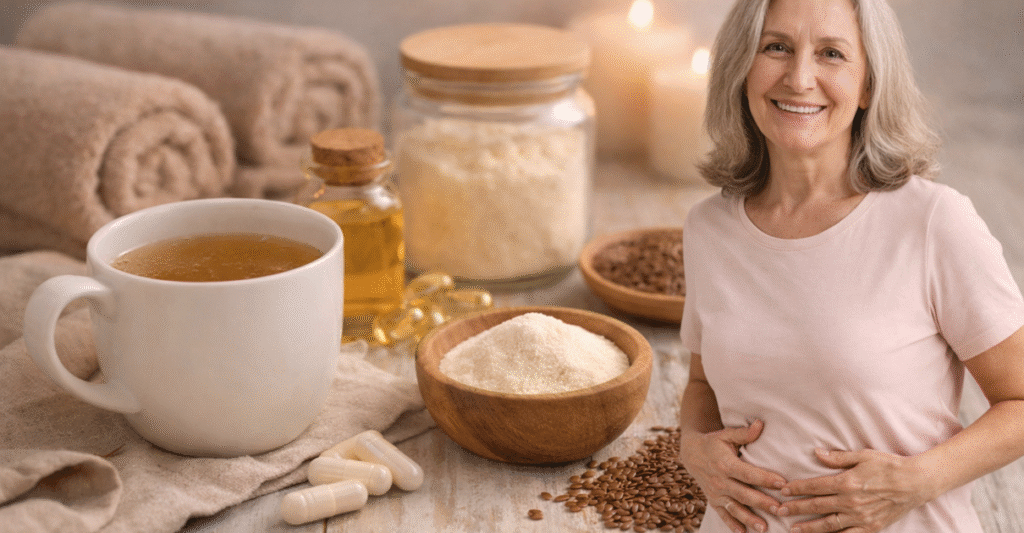 Femme ménopausée souriante tenant son ventre avec collagène, graines de lin et vitamine D pour soutenir la santé intestinale en cas de RCH