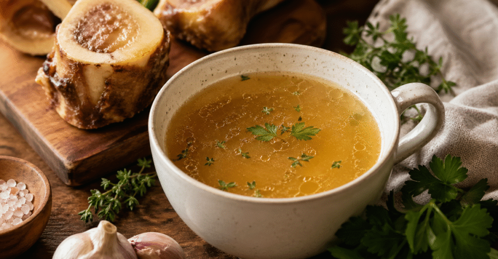 Bol de bouillon d’os maison riche en collagène avec os à moelle et herbes, bénéfique pour la santé intestinale et la réparation de la paroi