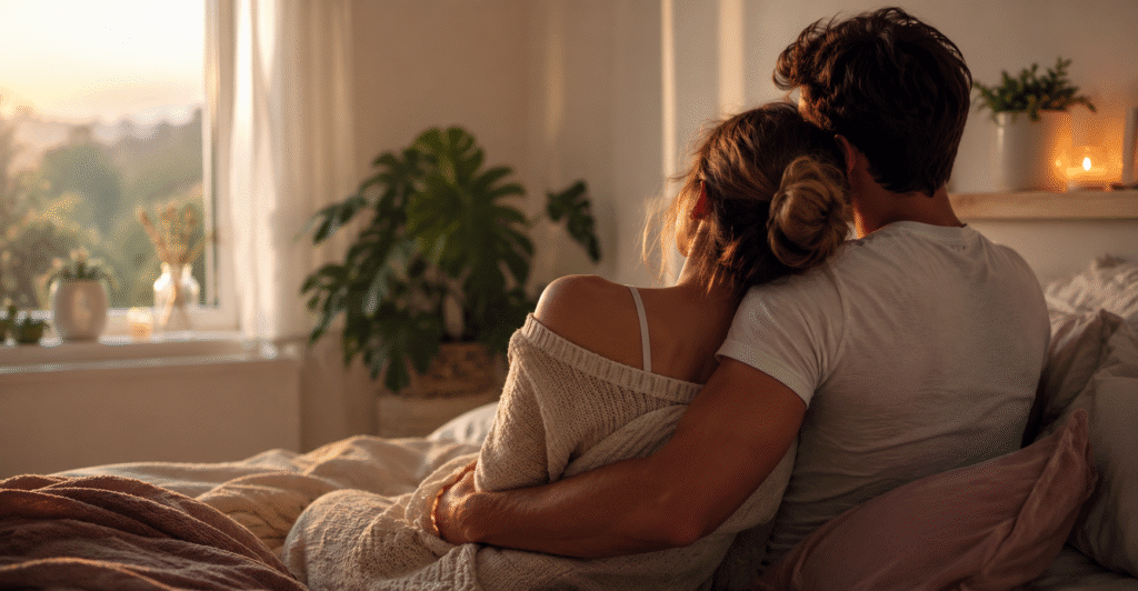Couple complice dans une chambre chaleureuse illustrant l’intimité et la sexualité malgré la RCH