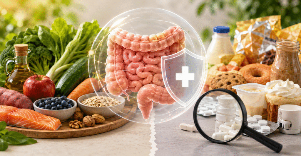 Illustration d'un intestin protégé face aux additifs alimentaires, émulsifiants et médicaments contenant du dioxyde de titane dans le contexte de la rectocolite hémorragique (RCH).