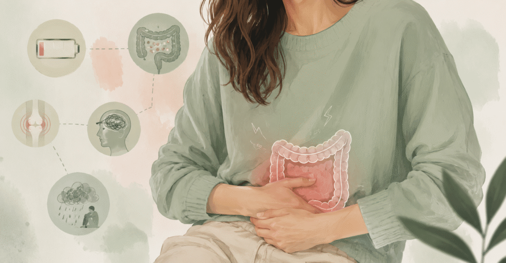 Illustration d'une personne ressentant une gêne intestinale avec des symboles représentant la fatigue, le stress et les premiers signes d'une crise de rectocolite hémorragique.